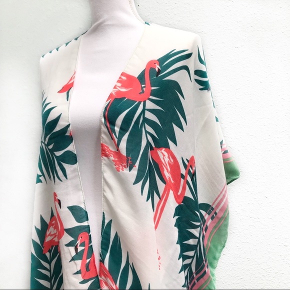 NWT Flamingo & Leaf Print Long Kimono with Tassels - Picture 2 of 5